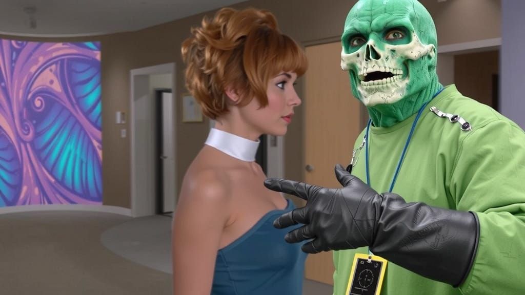 Mad Scientist Discusses With Red-Haired Woman