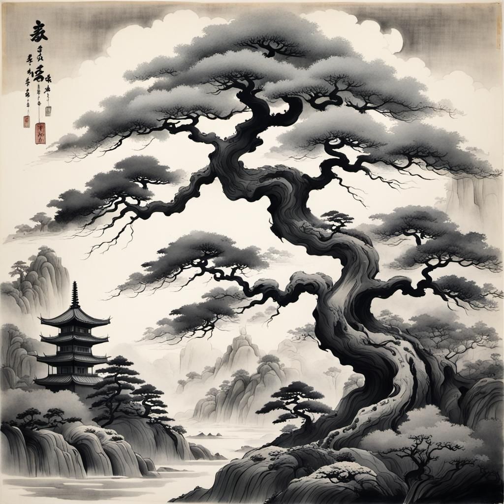 Surreal Sumi-e Bonsai Tree in Dreamlike Fog