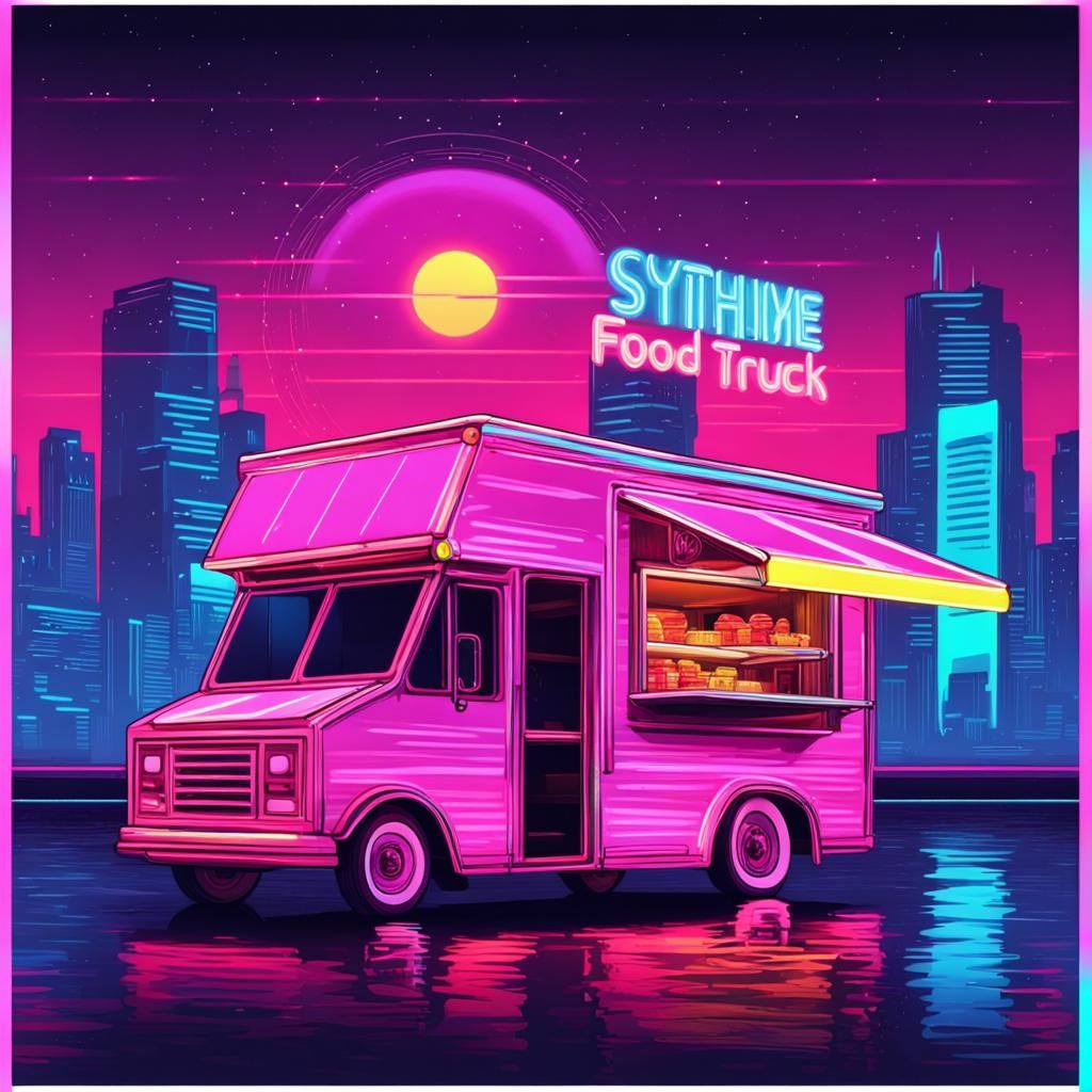 Synthwave Floating Food Truck in Neon Retro Style