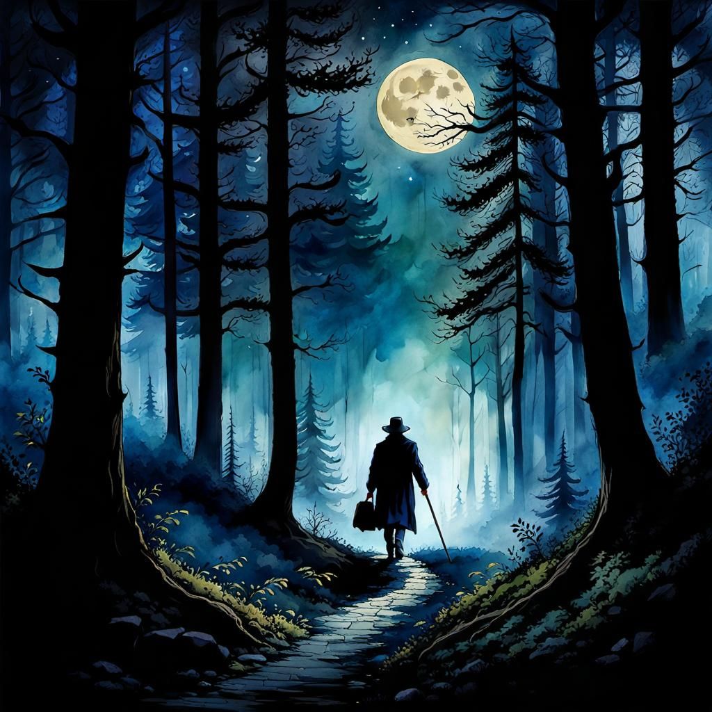 Lone Traveler in Dark Forest: Watercolor and Ink