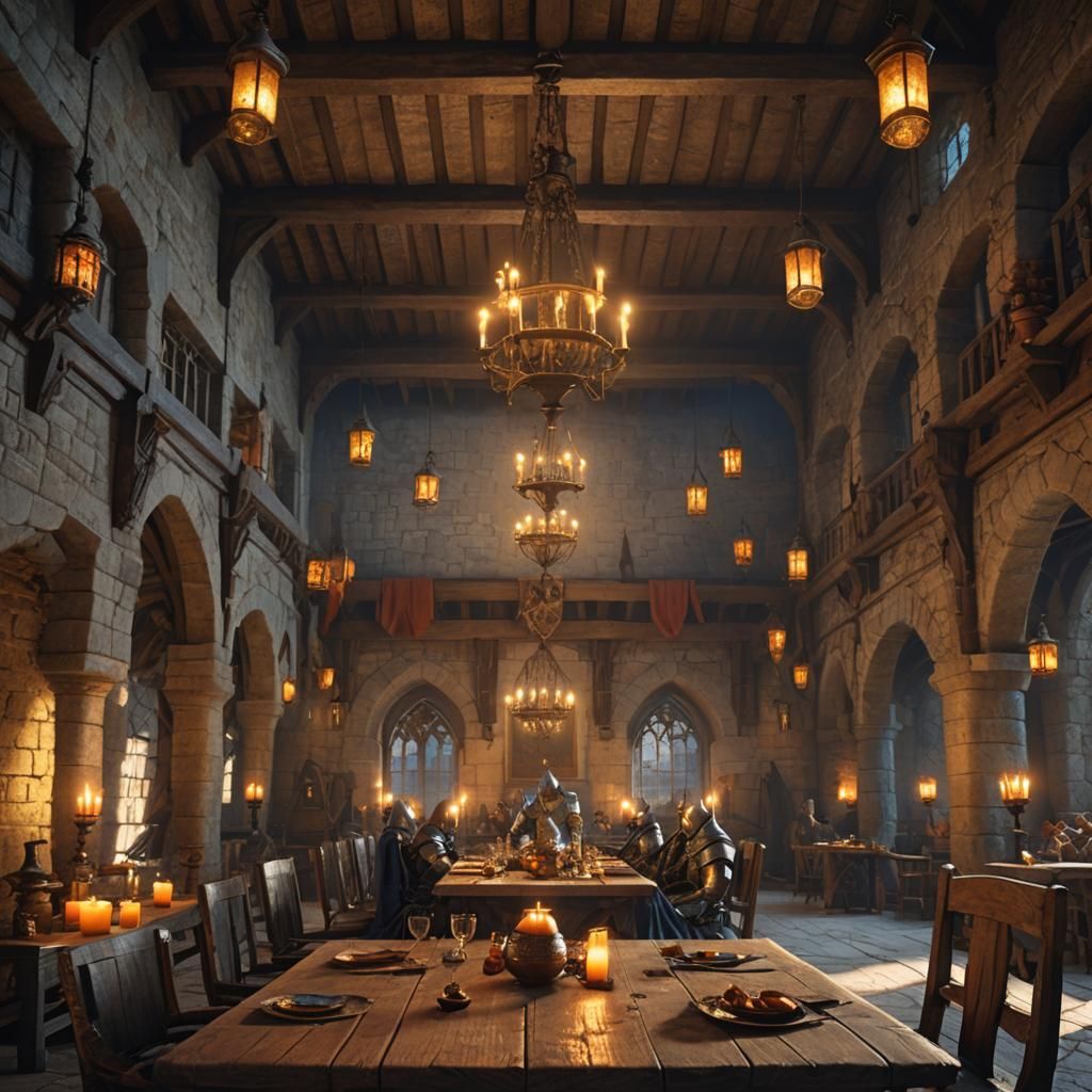 Medieval Knights in Grand Hall with Floating Candles