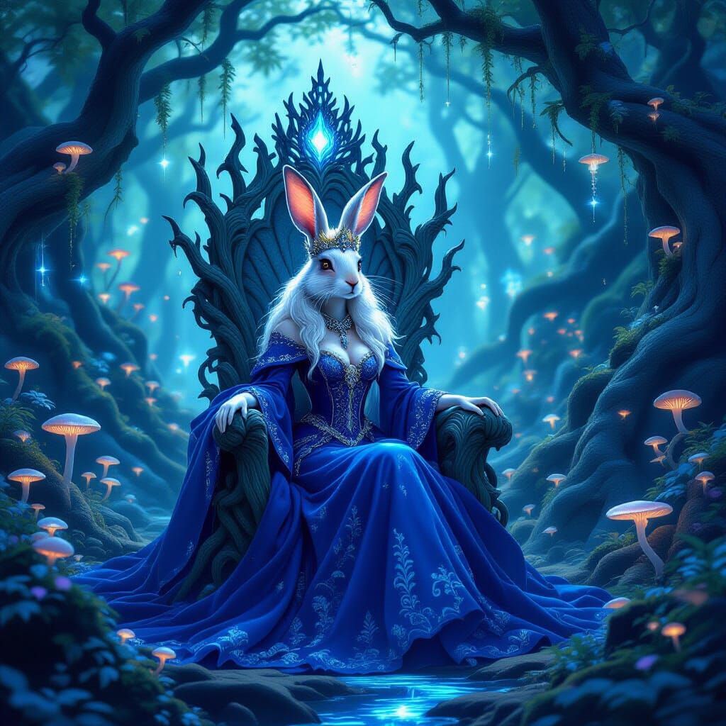 Regal Hare Queen in Mystical Bioluminescent Forest