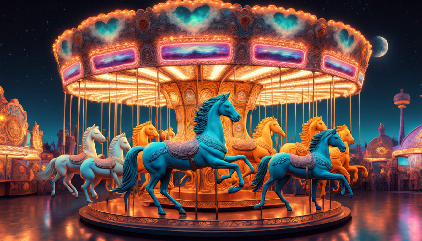 Neon Carousel with Historical Icons in Luna Park