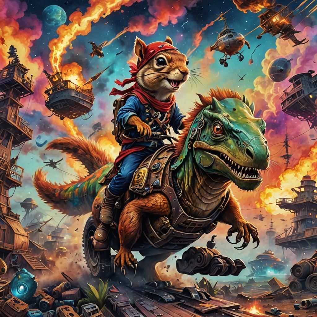 Pirate Squirrel Rides T-Rex in Watercolor Style