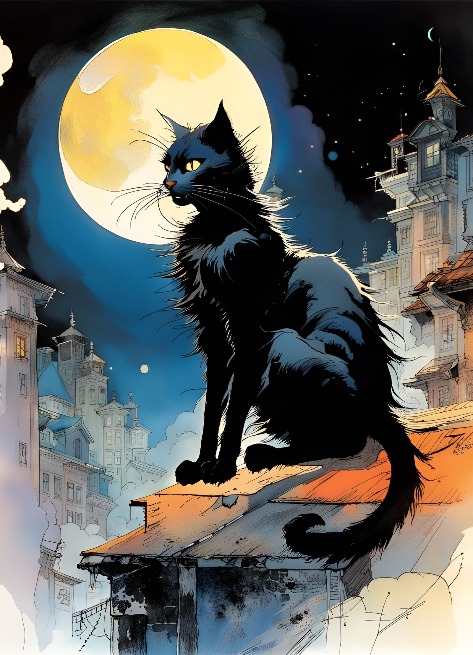 Dramatic Black Cat and Moon Illustration