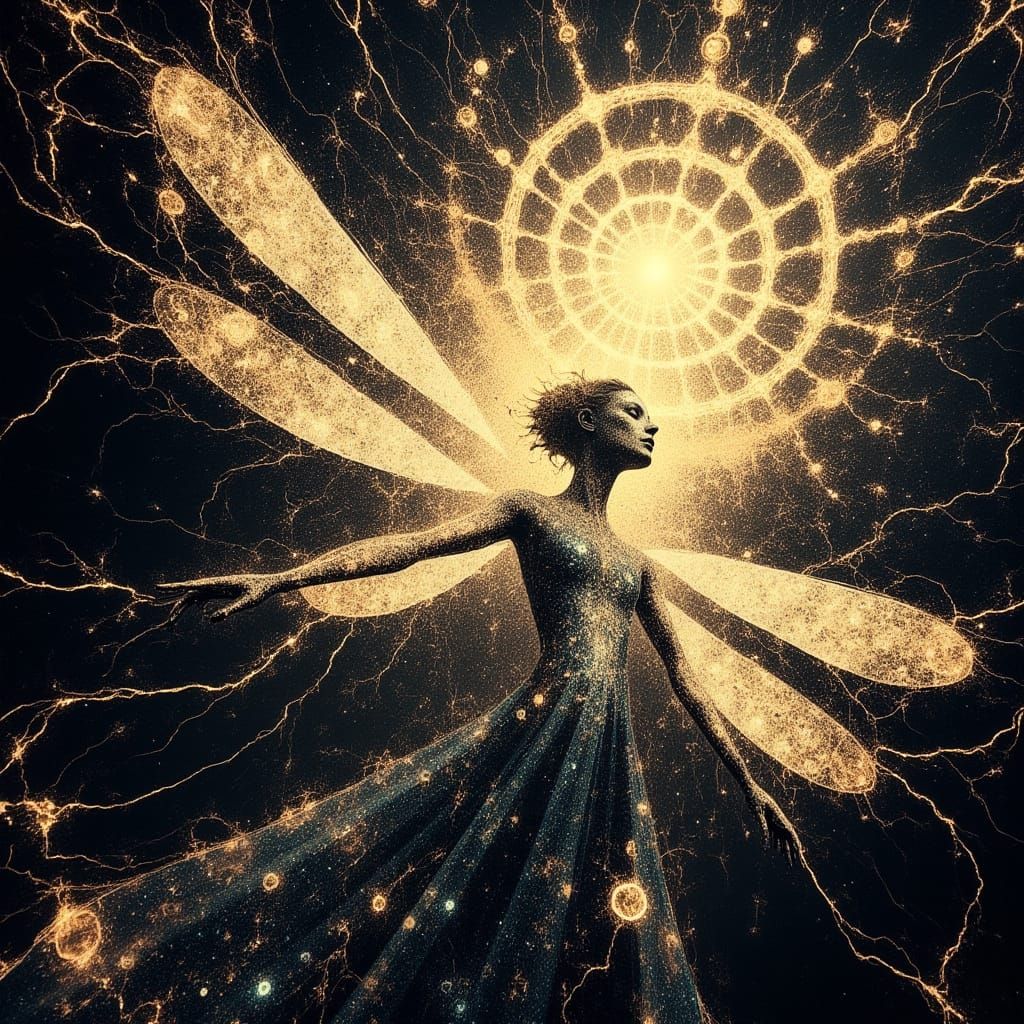 Ethereal Dragonfly in a Golden Celestial Vortex