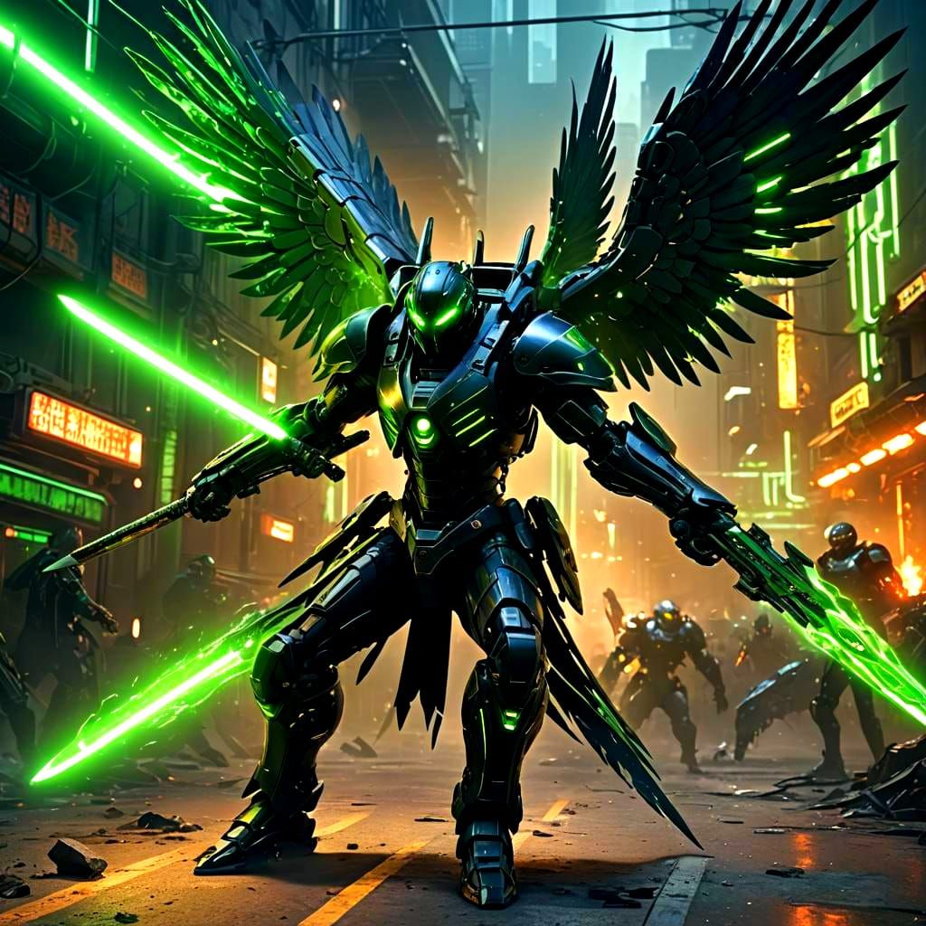 Cybernetic Warrior Slices Robot with Katana, Digital Art