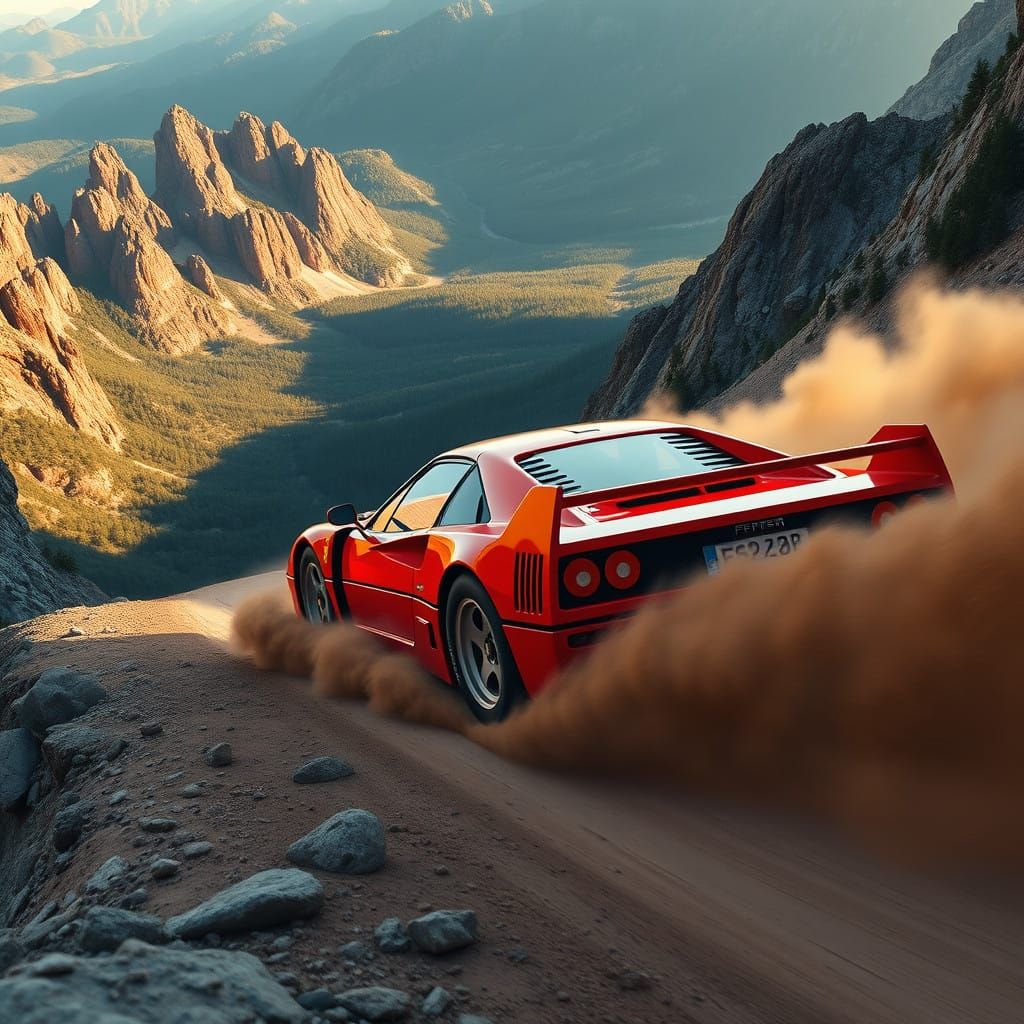 Red Ferrari F40 Speeds Down Mountain Off-Road Track in Golde...