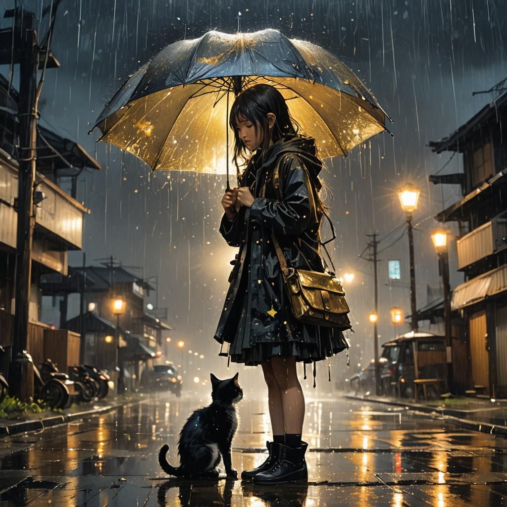 Japanese Schoolgirl and Kitten in Rainy Night