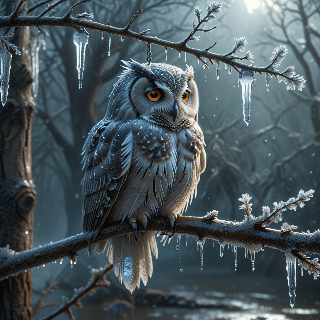 Icy Owl on Branch in Hyperrealistic Digital Art
