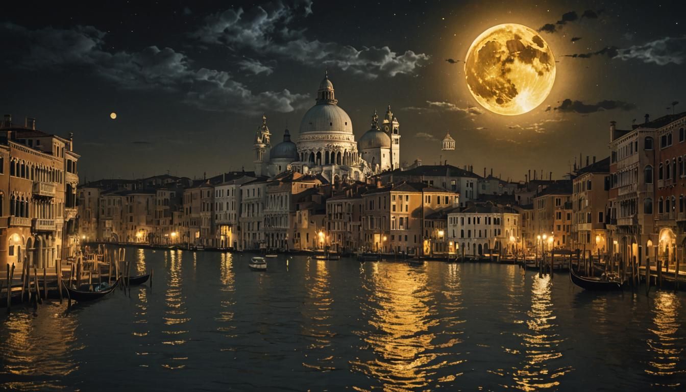 Venice in Golden Moonlight: Hyperrealistic Splash Art
