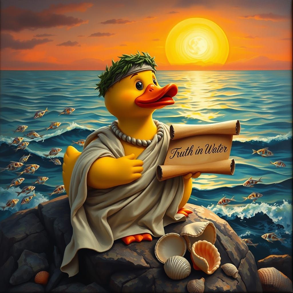 Ancient Greek Philosopher Rubber Duck in Serene Sea Landscap...