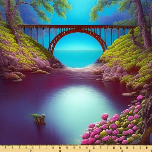 Radiant Bridge in Wildflower Landscape, Sci-Fi Art