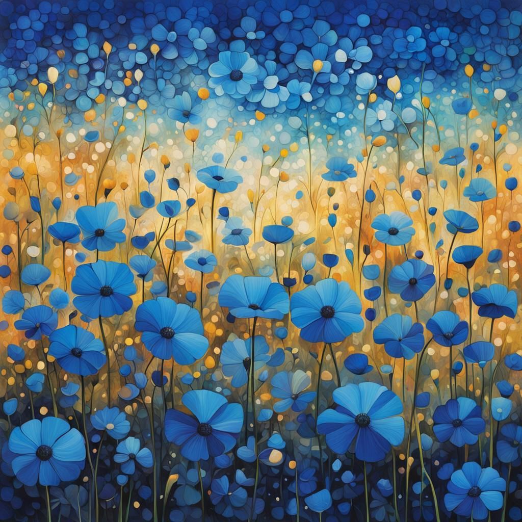 Translucent Blue Flowers in Sunset Light: Abstract Art