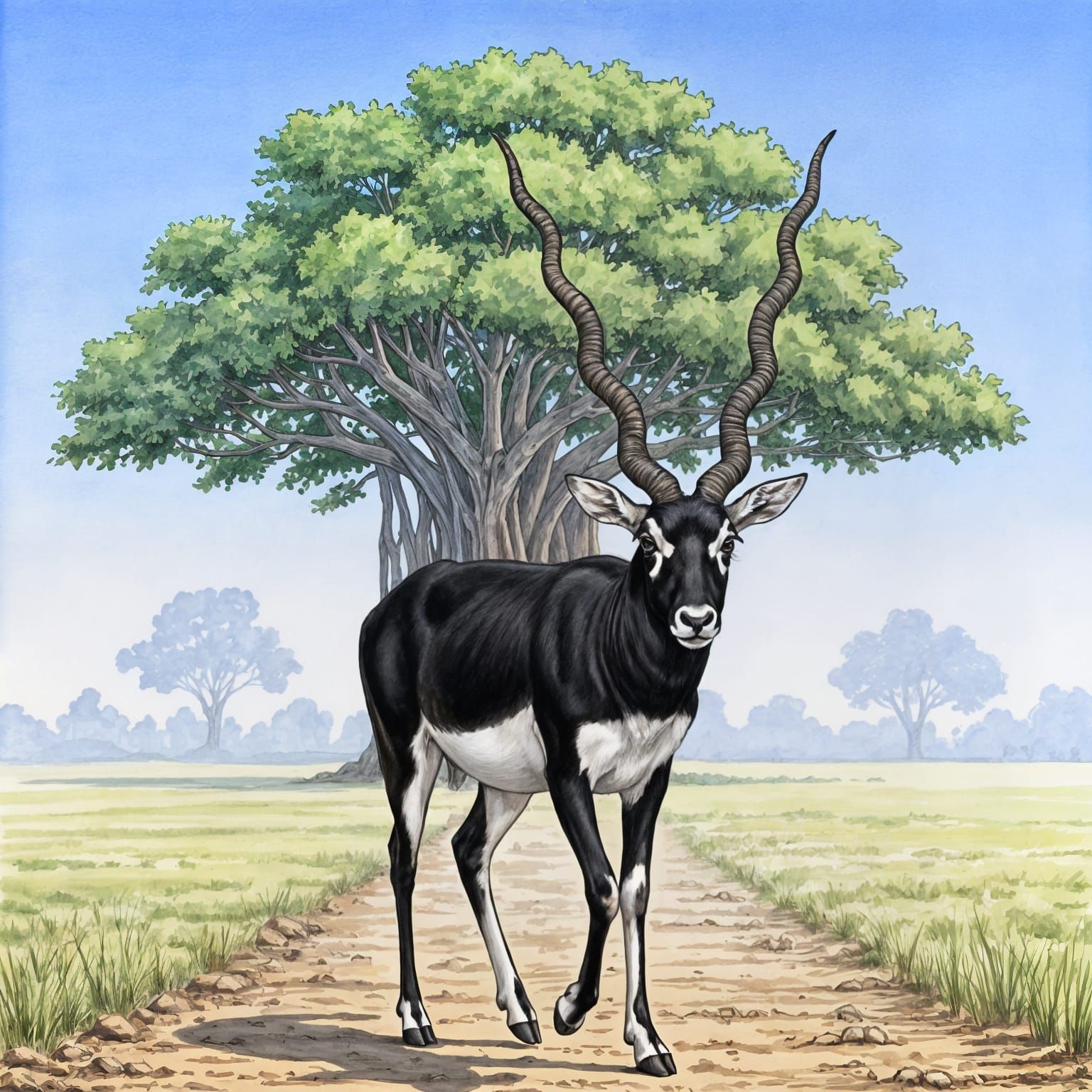 Blackbuck Antelope with Elongated Horns and Banyan Tree