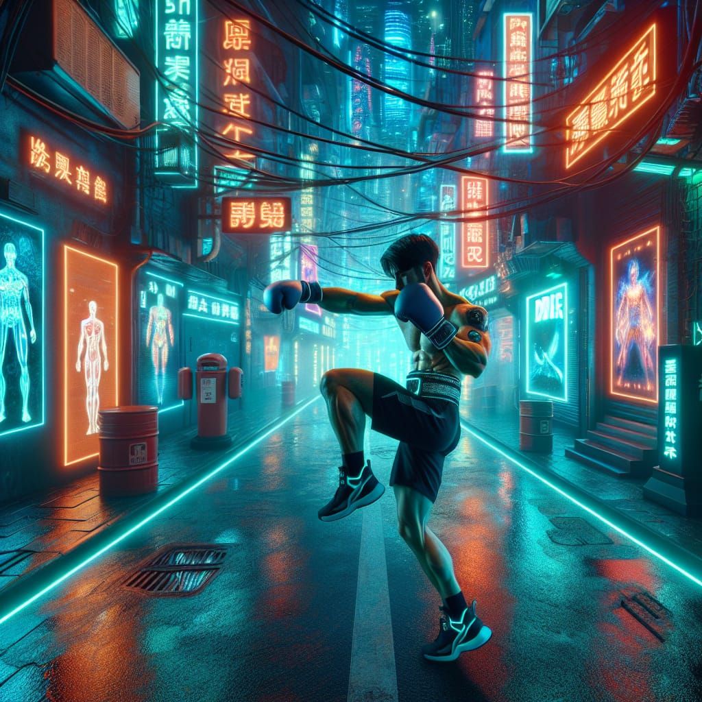 Cyberpunk Blind Boxer Doctor in Neon City