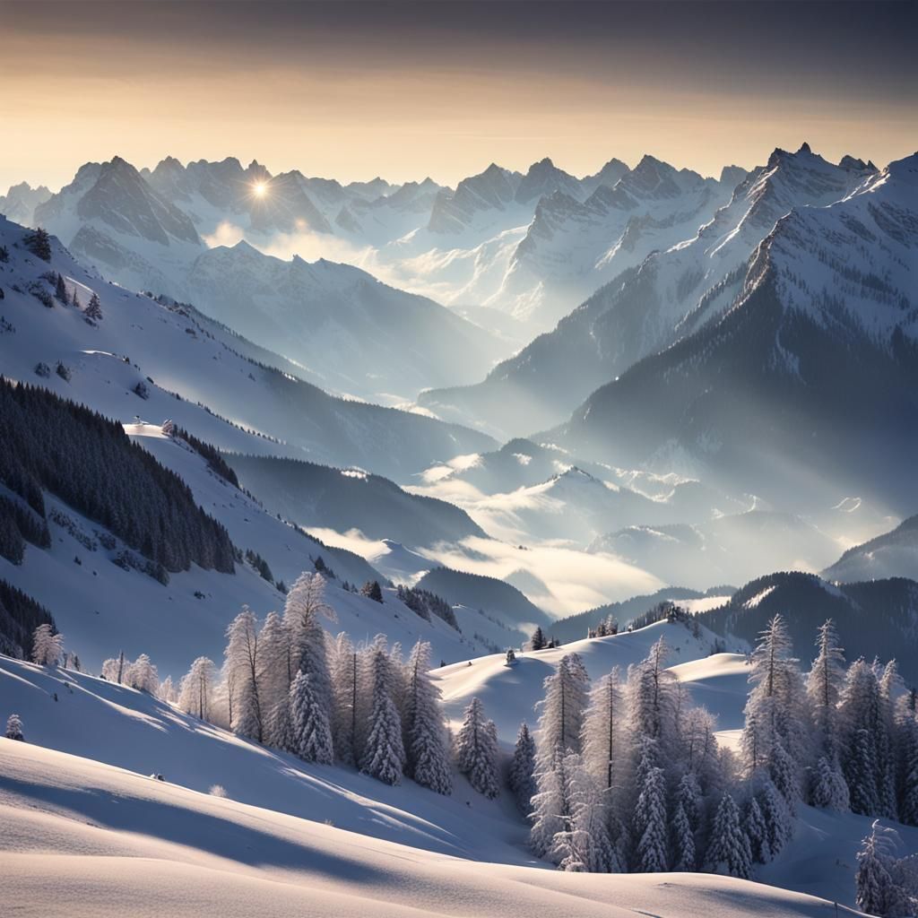Snowy Swiss Alps at Magic Hour