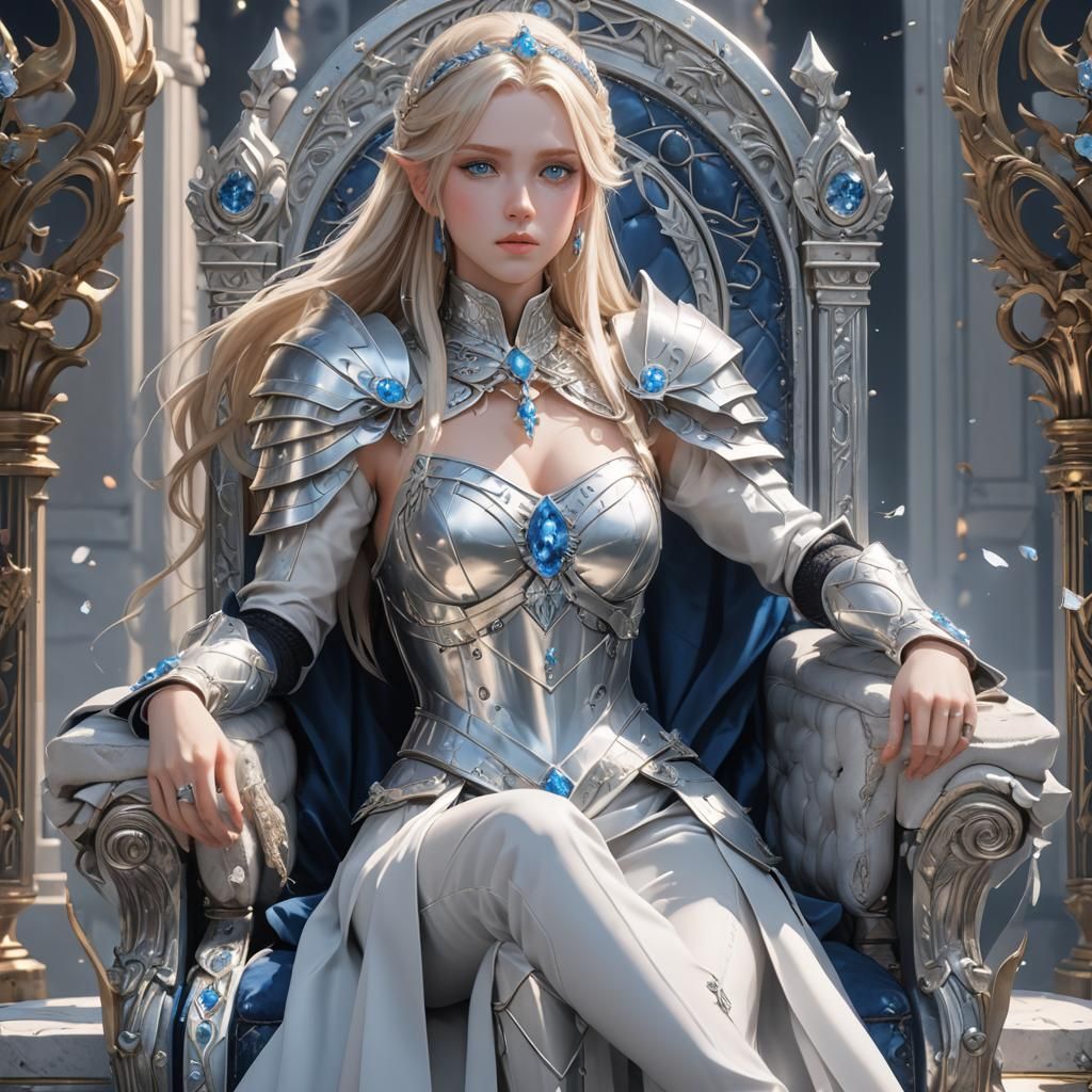 Princess warrior, white gaun, fronthead crond,seating in a s...