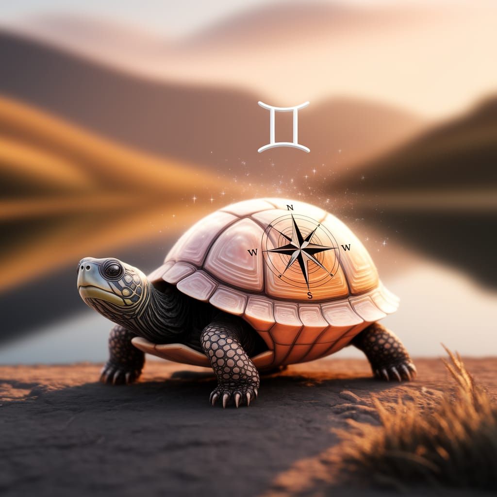 Tiny Celestial Turtle with Compass and Gemini Symbol