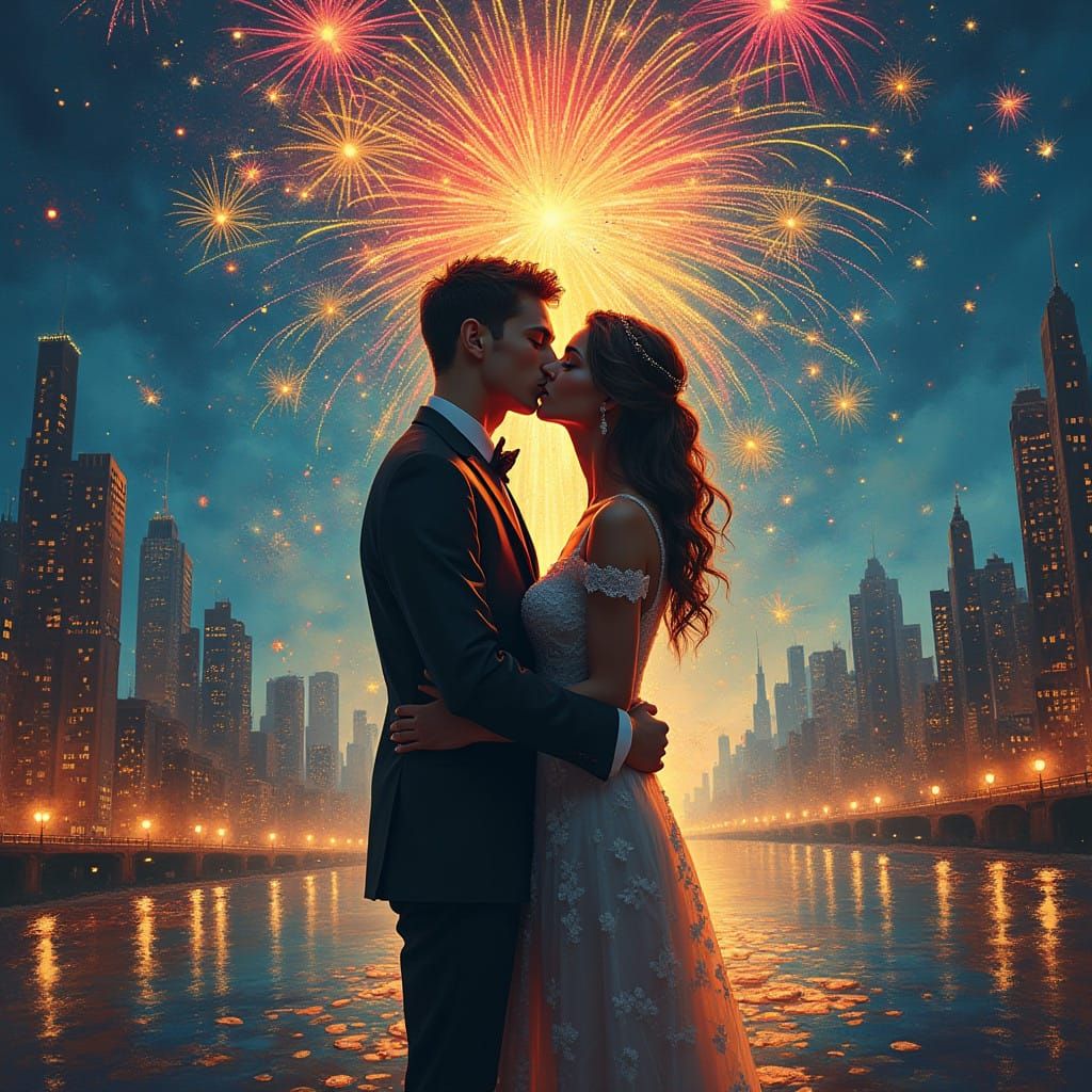 Surreal Midnight Kiss Amidst Melting Cityscape in 2025