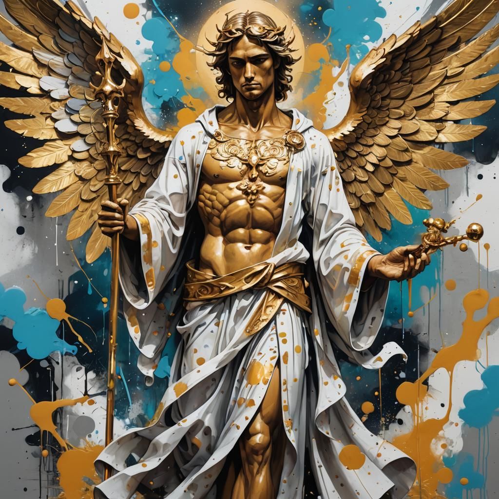 Golden Angel with Staff in Graffiti Art Style