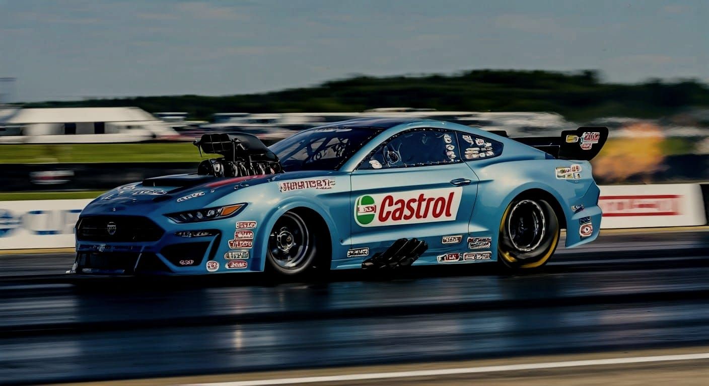 a realistic photo of the John Force 2018 Mustang Castrol GTX nhra funny car screaming down the drag strip, a big block c...