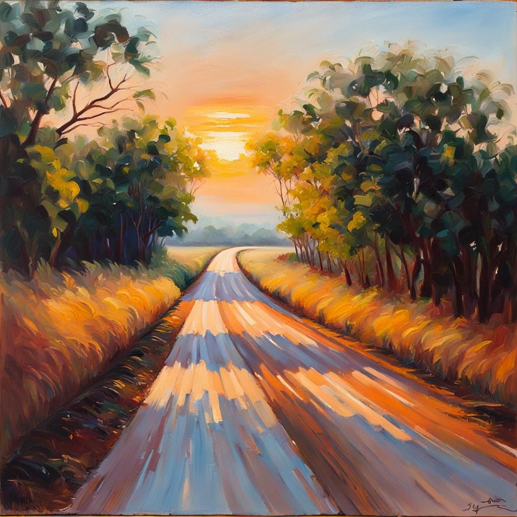 Impressionist Car Window View of Dawn Road