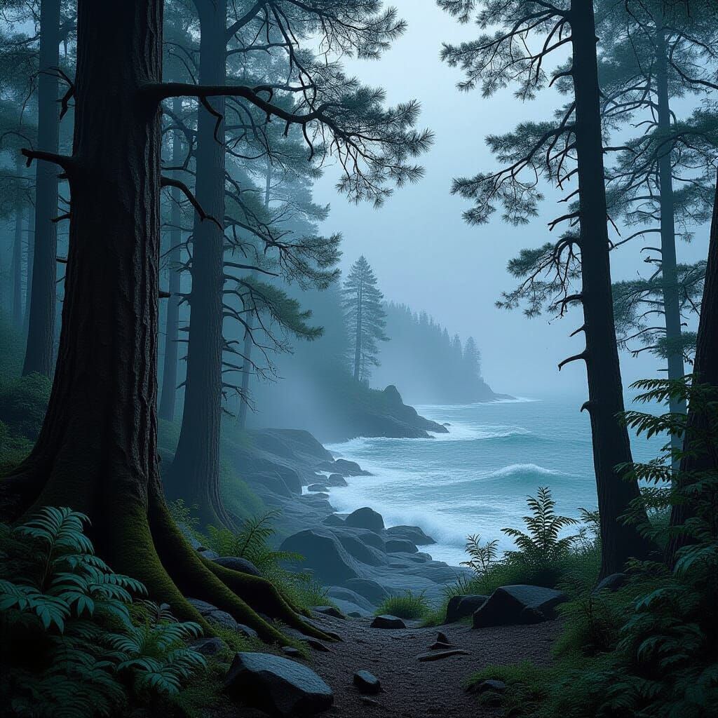 18th Century English Forest Scene with Stormy Coastline