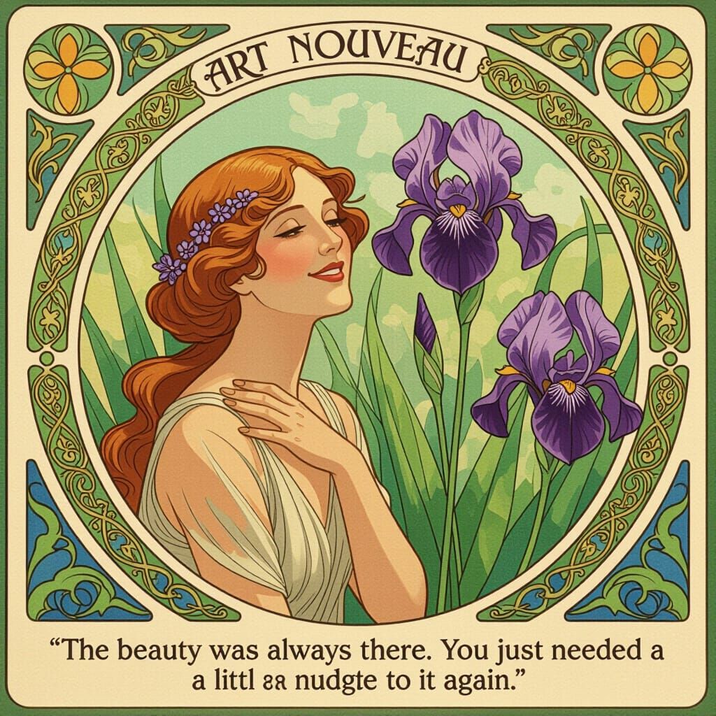 Art Nouveau Iris Smiles with Gentle Wisdom