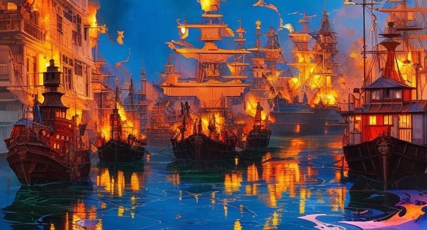 Pirate Raid on Port Town: Gouache Illustration