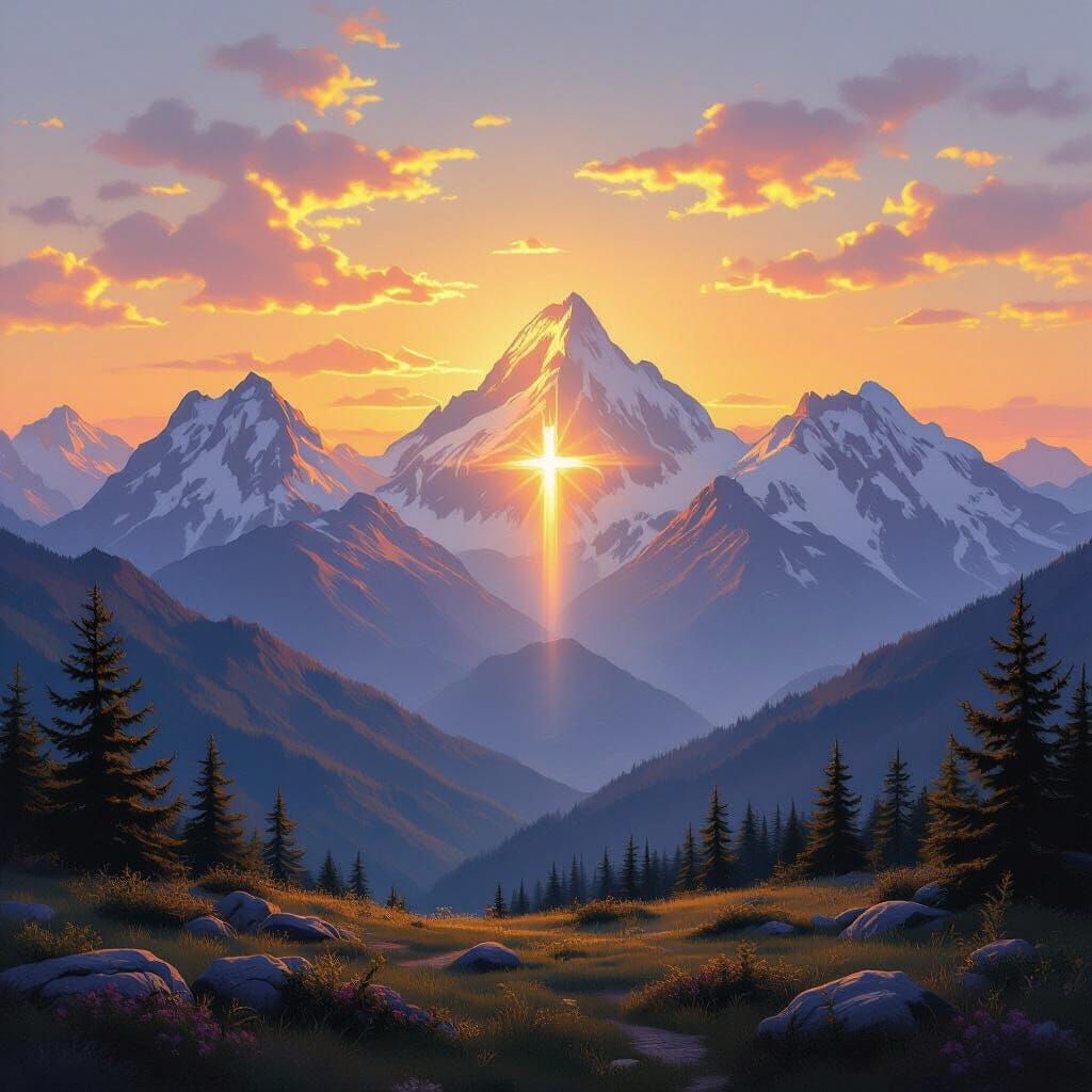 Golden Sunrise Over Mountain Range with Glowing Cross