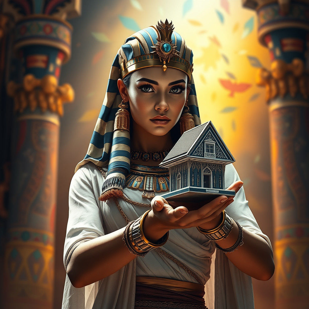 Egyptian Woman Holds House: Hyperrealistic Digital Art