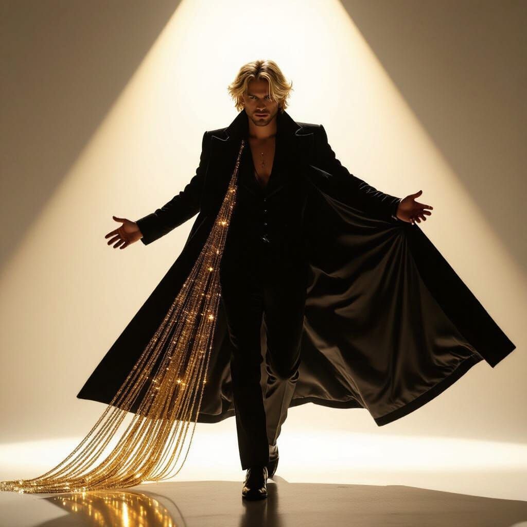 Man's Overcoat Reveals Golden Guitar Strings in Dramatic Lig...