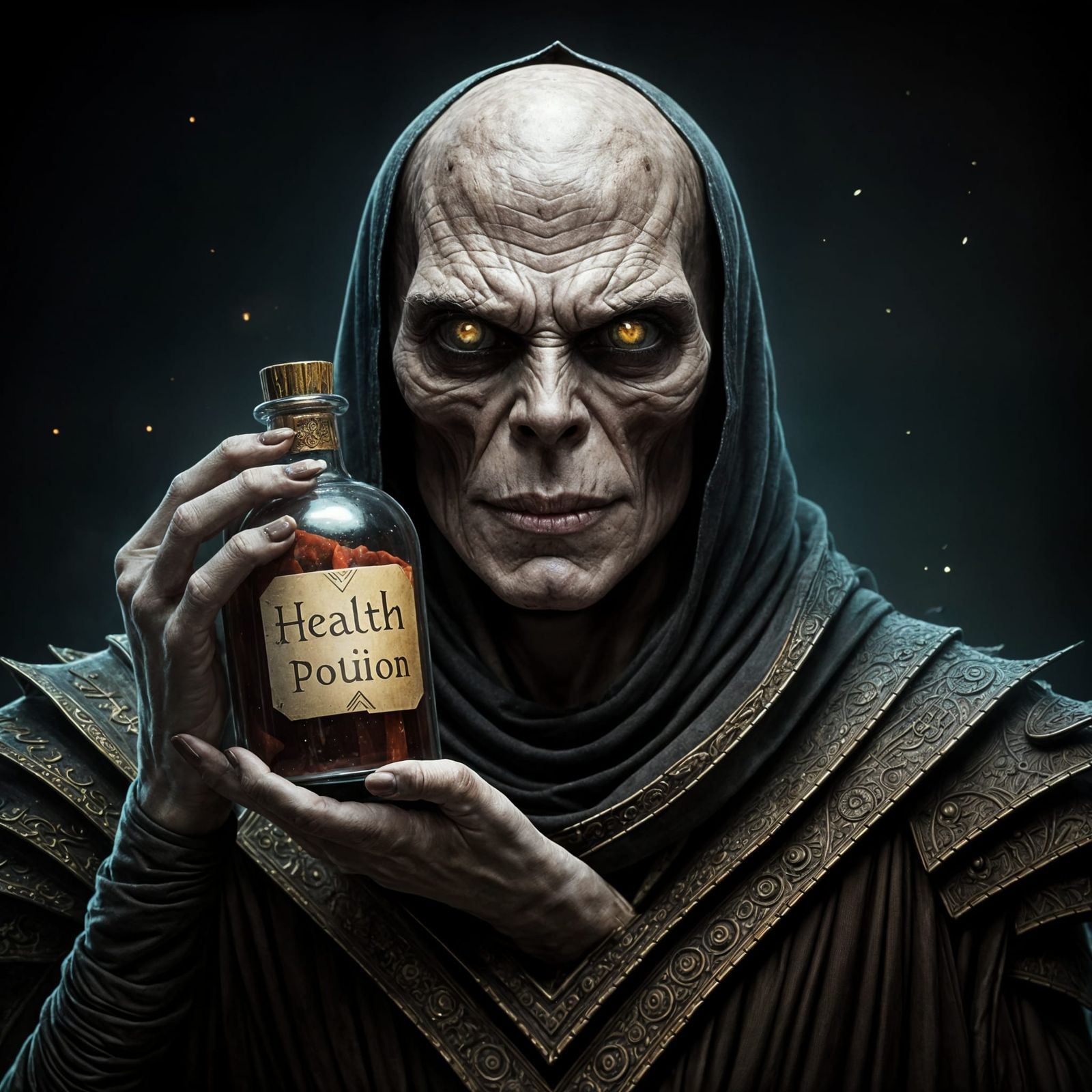 Epic Fantasy Ghul Holds Mysterious Health Potion Bottle
