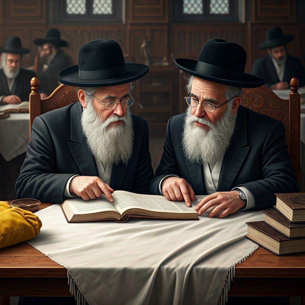 Two elderly Hasidic men with long white beards, with beautif...