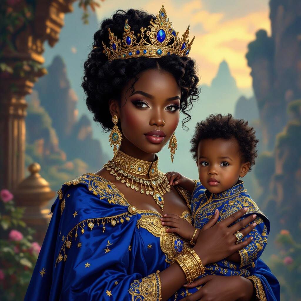 Regal Woman in African Attire with Boy, Digital Art