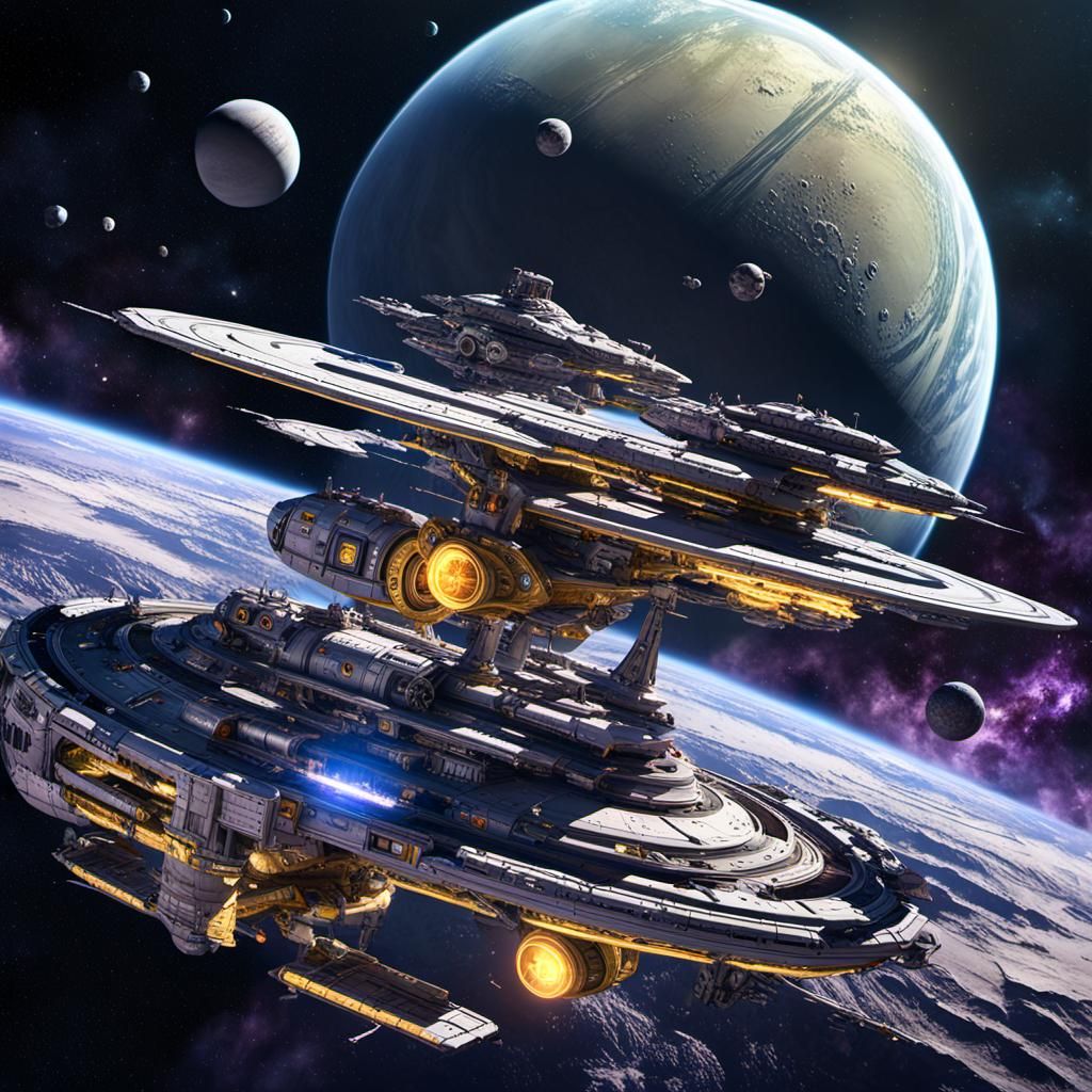 Space Fighter Assembly Line above Saturn in Dark Fantasy Sty...