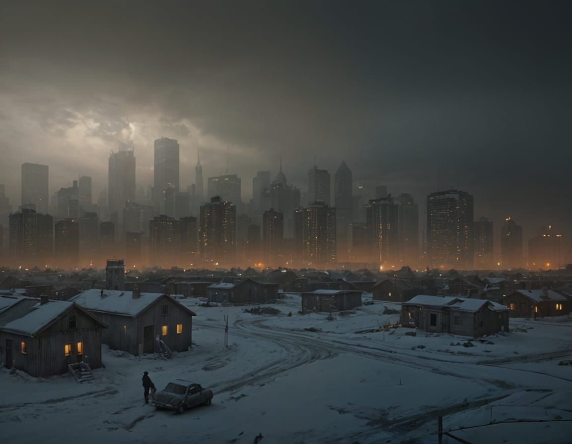 Epic Post-Apocalyptic Winter Scene in a Flickering Golden Ho...