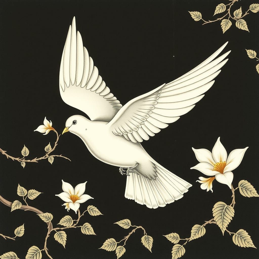 Elegant Dove in Flight, Engraving Style