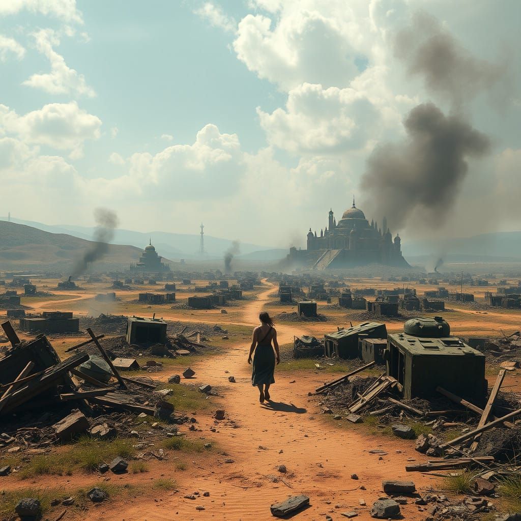 Um campo devastado pela guerra, com destroços e ruínas de uma civilização perdida. Uma figura solitária está caminhando ...