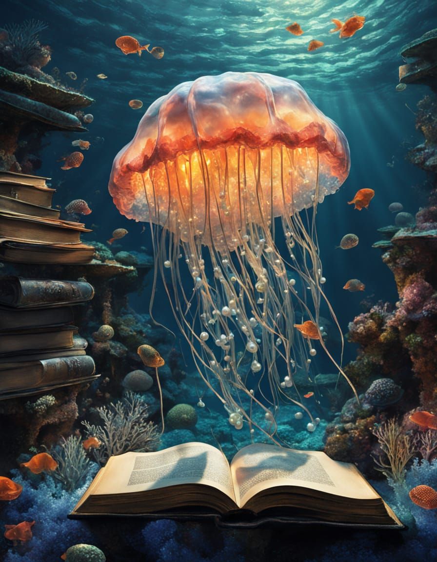 Underwater Coral Library with Pearl Books in Glass Sculpture...