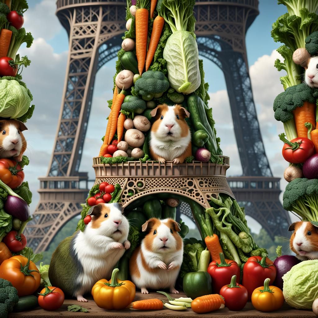 Guinea Pigs Build Vegetable Eiffel Tower: Detailed Matte Pai...
