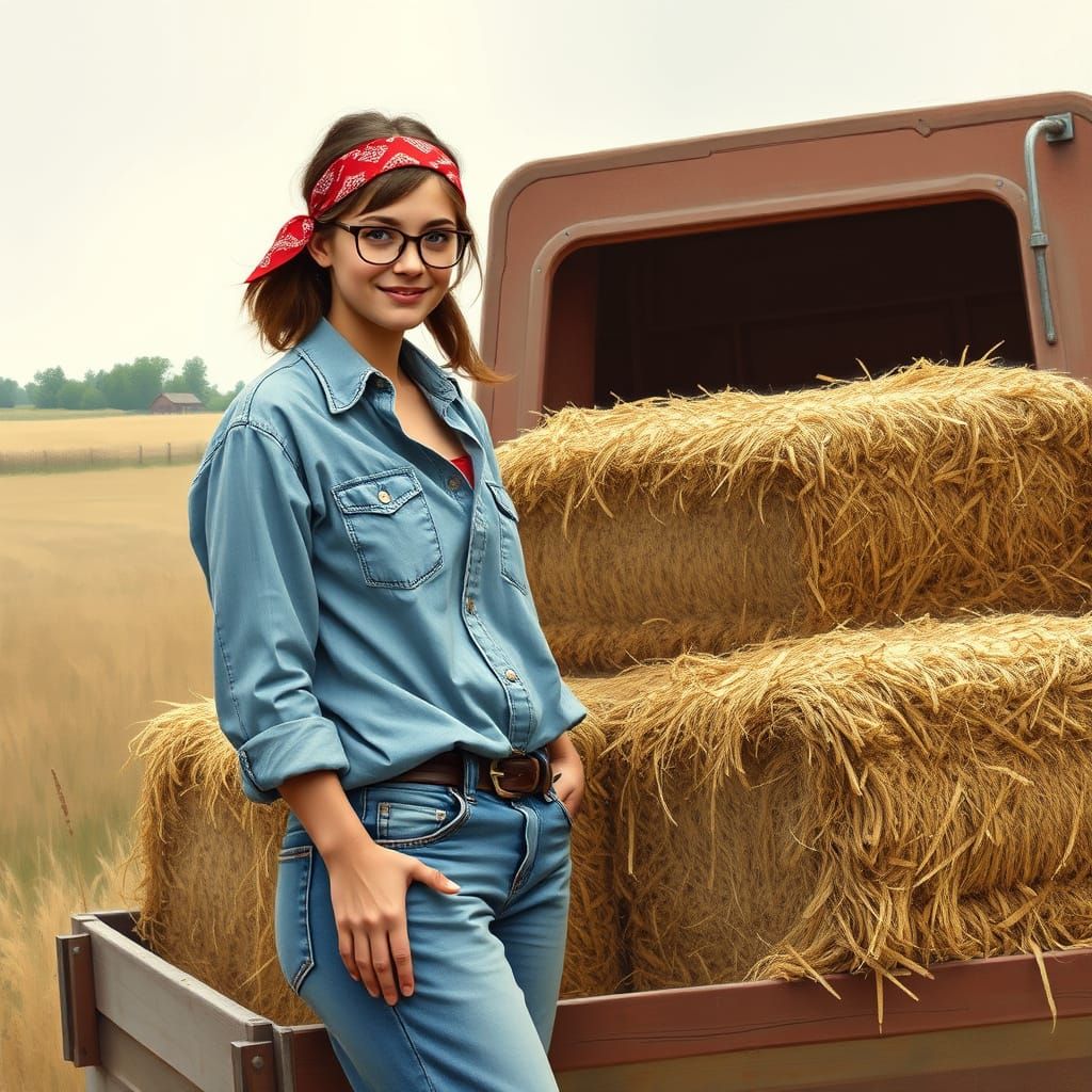 Young Woman Surrounded by Rustic Charm in a Norman Rockwell-...