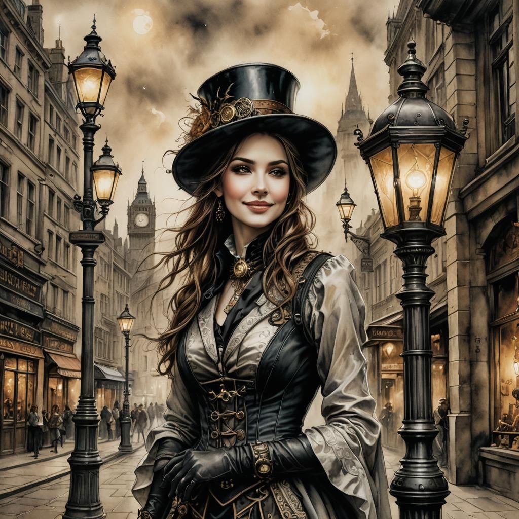 Steampunk Woman in London Street Scene