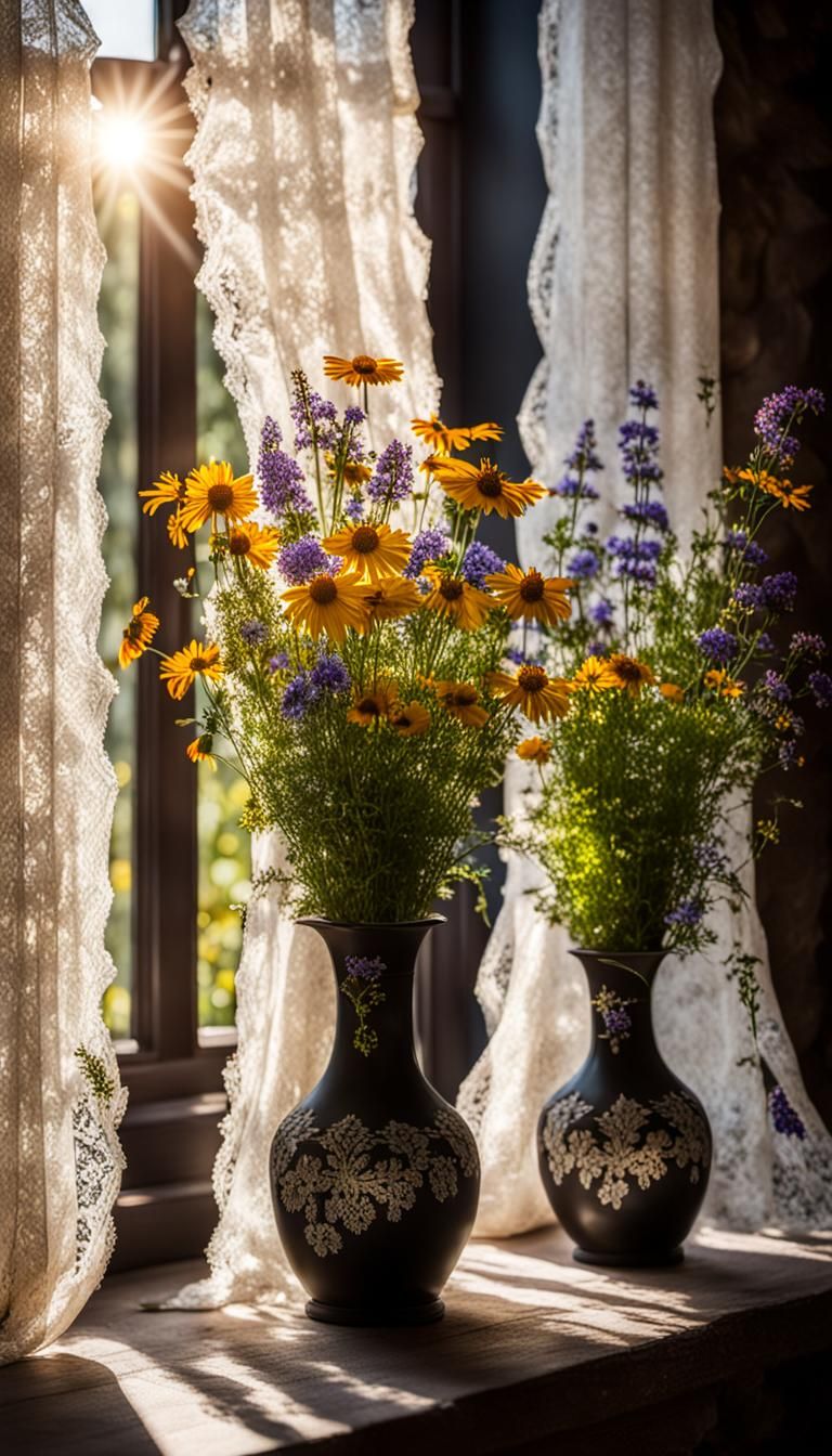 Serene Wildflowers in Vases with Sunlight