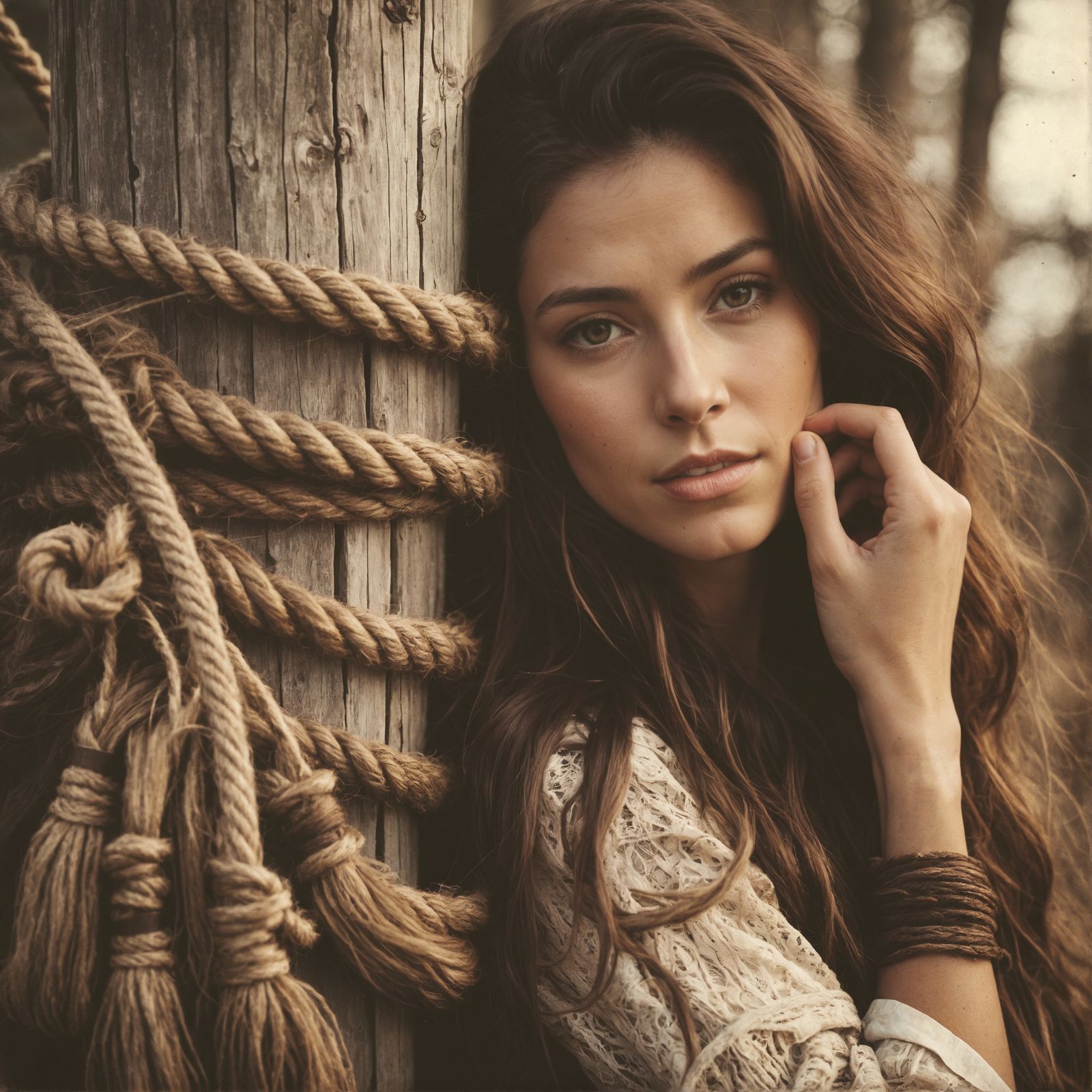 Woman Leaning on Weathered Post in Vintage Style