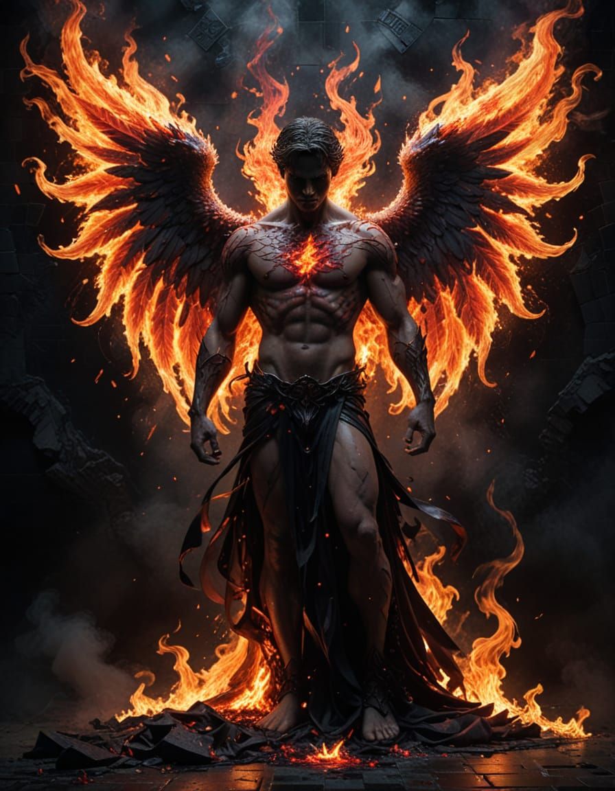 Majestic Fallen Angel in Fiery Red Flames