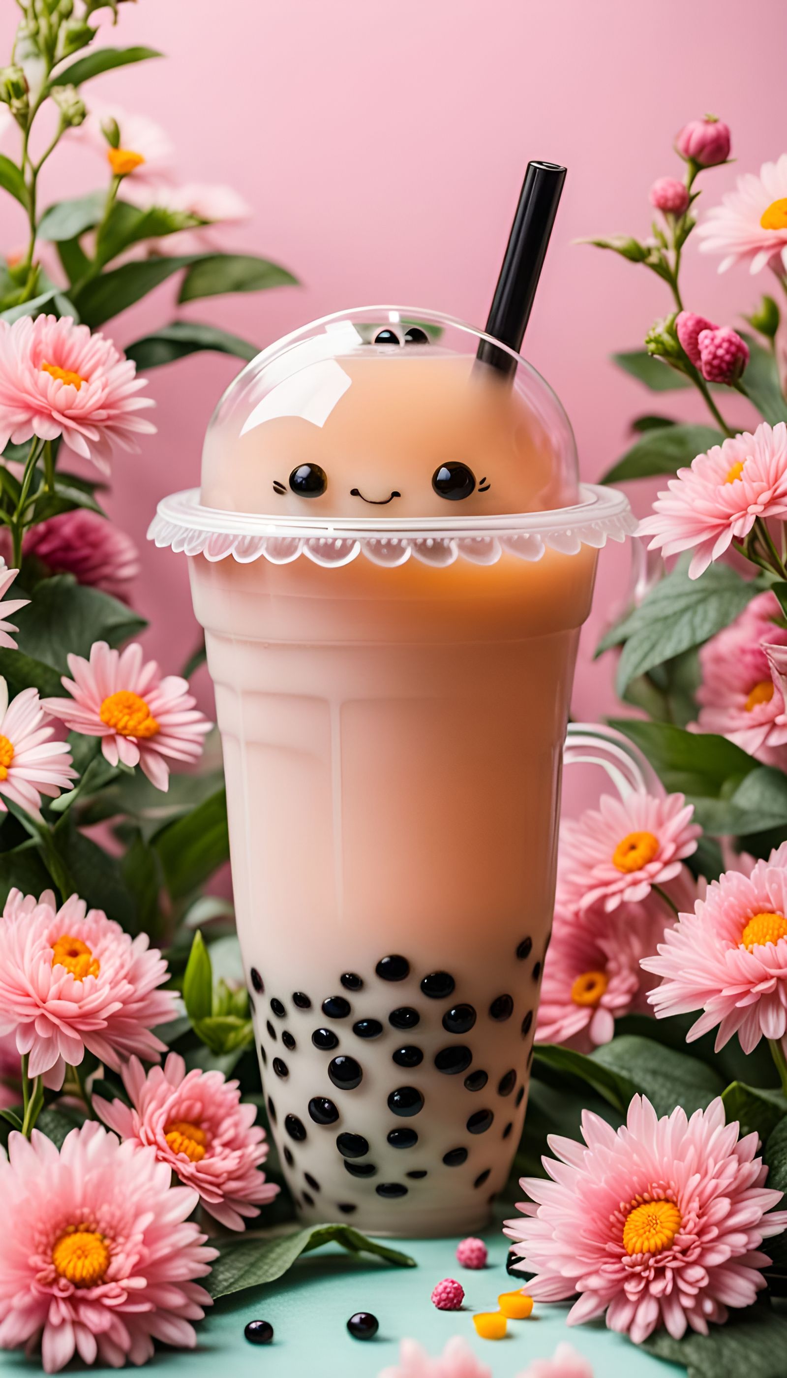 Bubble Tea Surrounded by Flowers: A Cute Still Life