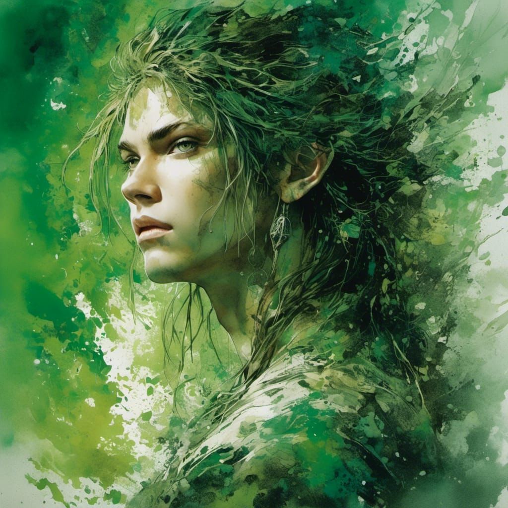 <lora:Splatter Graffiti:1.0> <lora:Trio:1.0> Anime masterpiece, full-body teenage Harry Potter Prince of Asgard, green e...