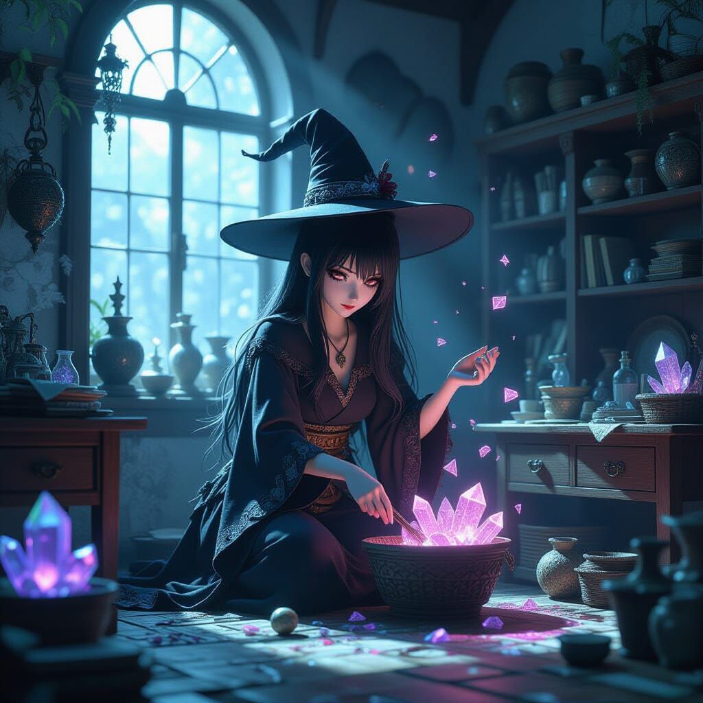 Gothic Witch Cleans Magical Atelier in 3D Anime Style